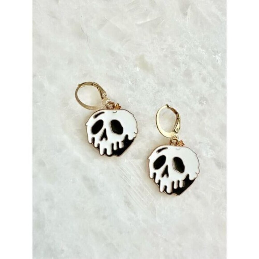 Snow Whites poisoned apple in black and white Halloween dangle earrings